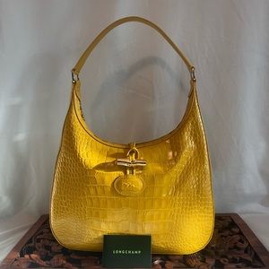 Longchamp canary yellow crocodile leather embossed shoulder bag
